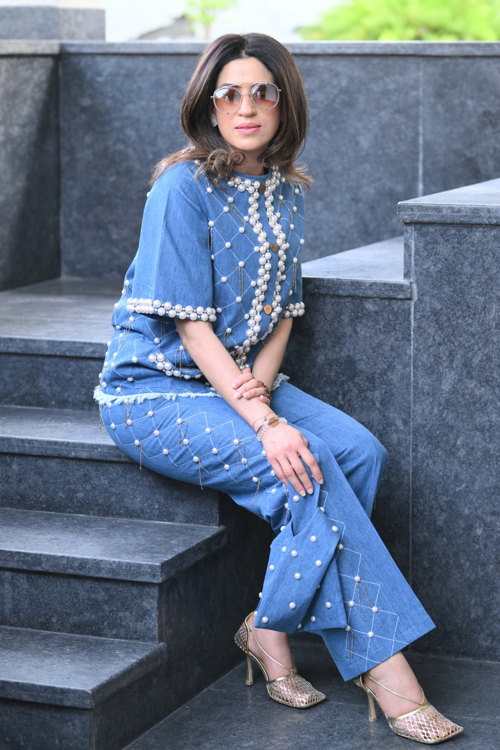 Denim Criss-cross Embellished Pearl Set