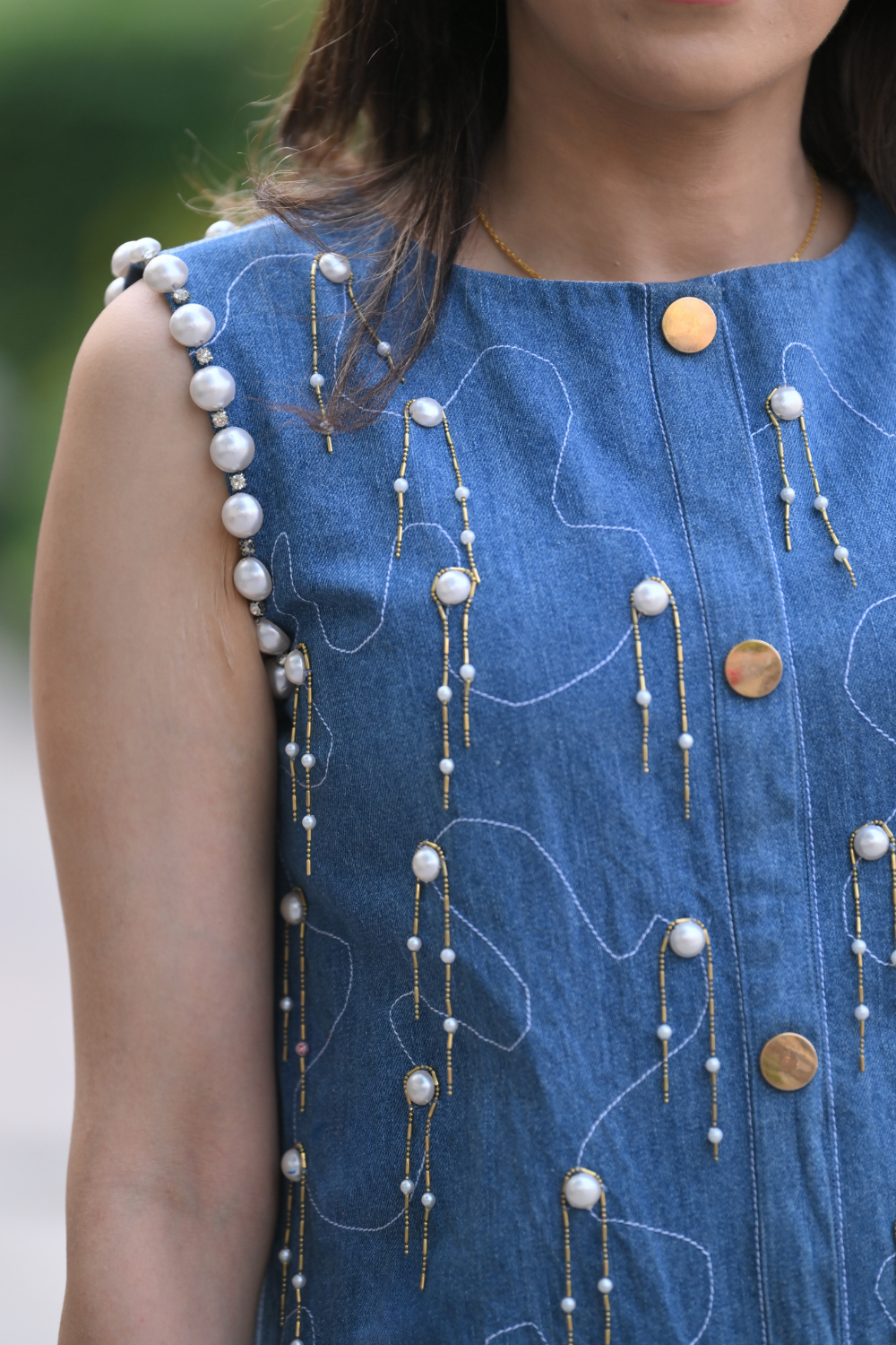 Denim Abstract Sleeveless Embellished Set