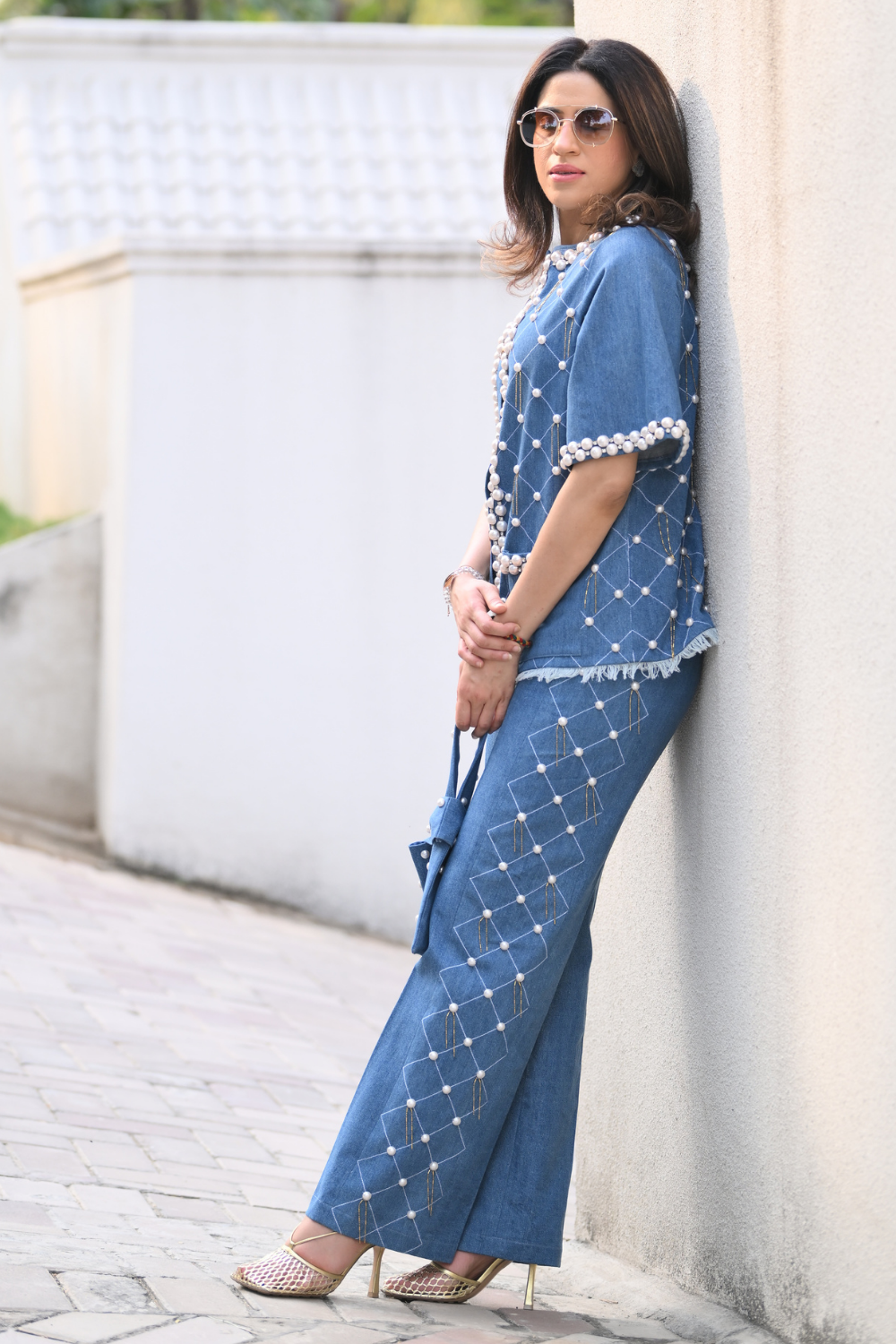 Denim Criss-cross Embellished Pearl Set