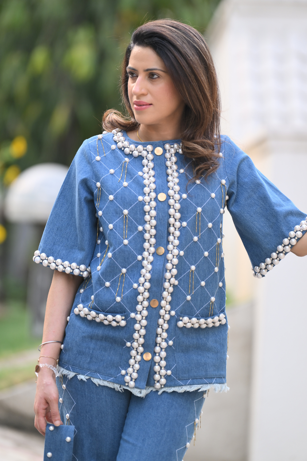 Denim Criss-cross Embellished Pearl Set