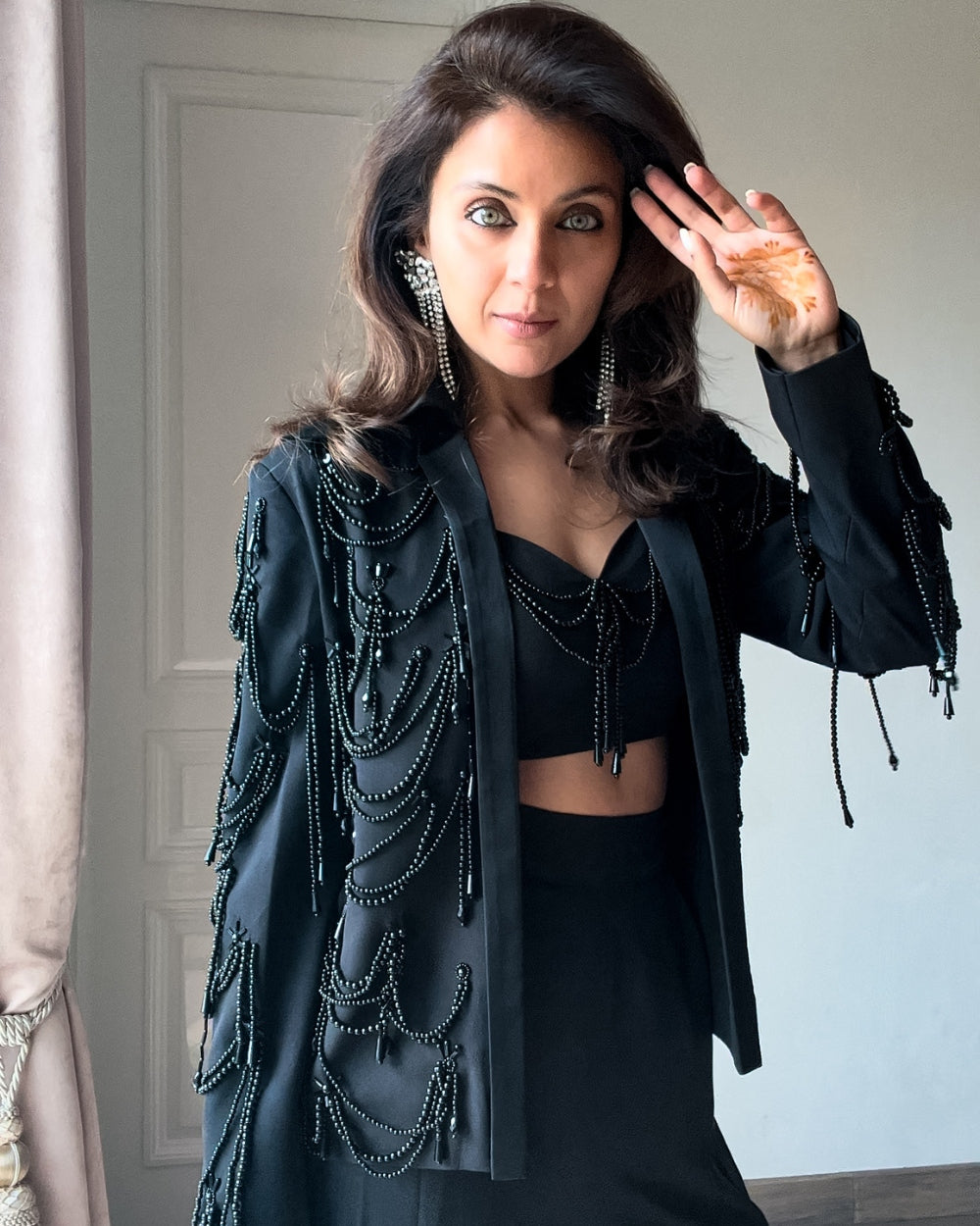 Nriti Shah in Noir Beaded Jacket Set