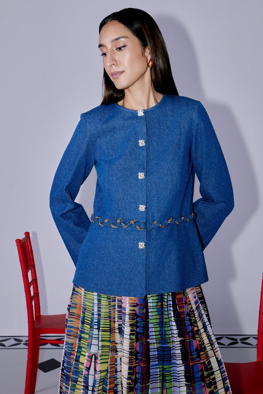 Denim Peplum Skirt Set