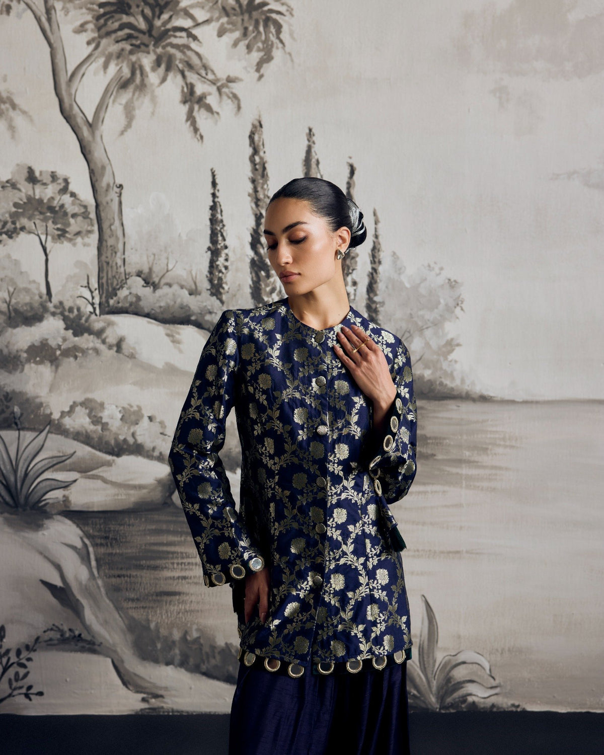 Navy Brocade Blazer Set