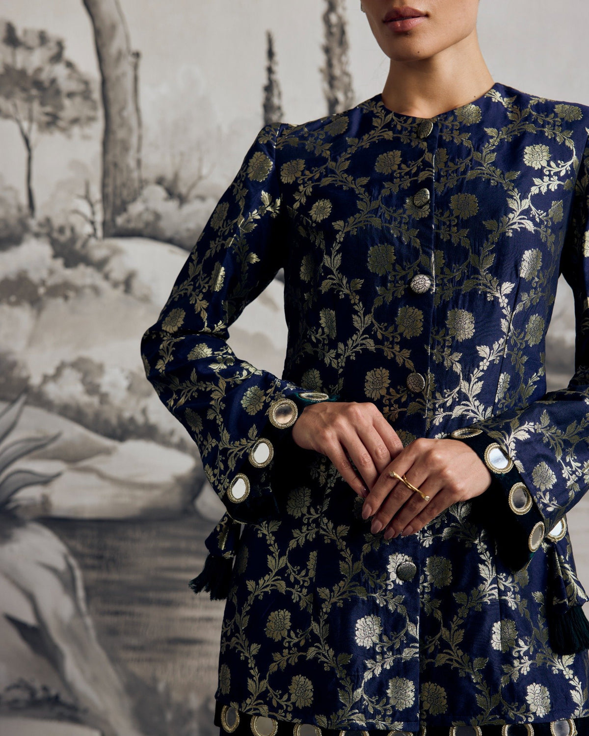 Navy Brocade Blazer Set