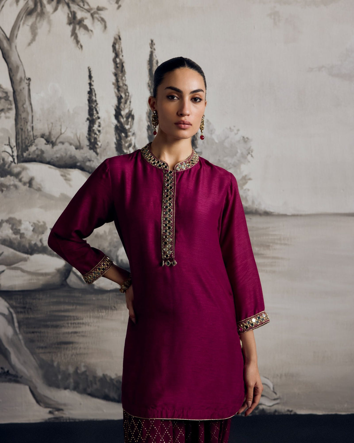Wine Mukaish Draped Set