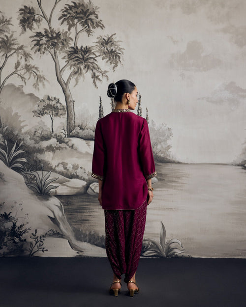 Wine Mukaish Draped Set