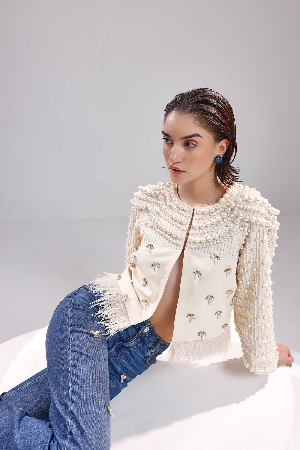 Ivory embroidered pearl jacket
