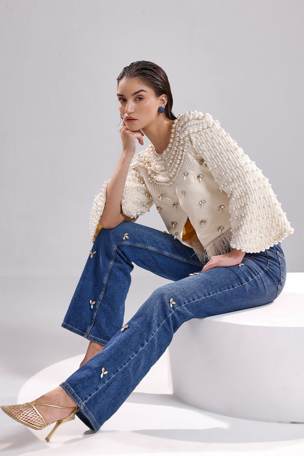 Ivory embroidered pearl jacket