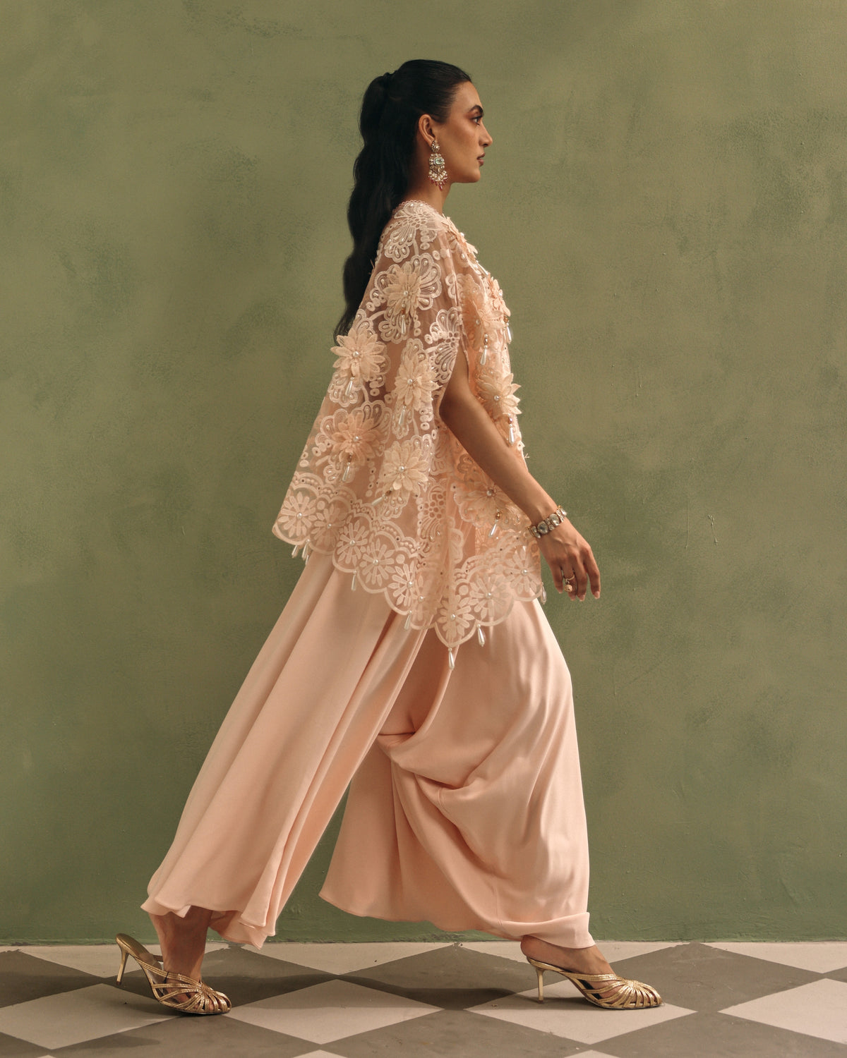 Blush Organza Cape Dhoti Set