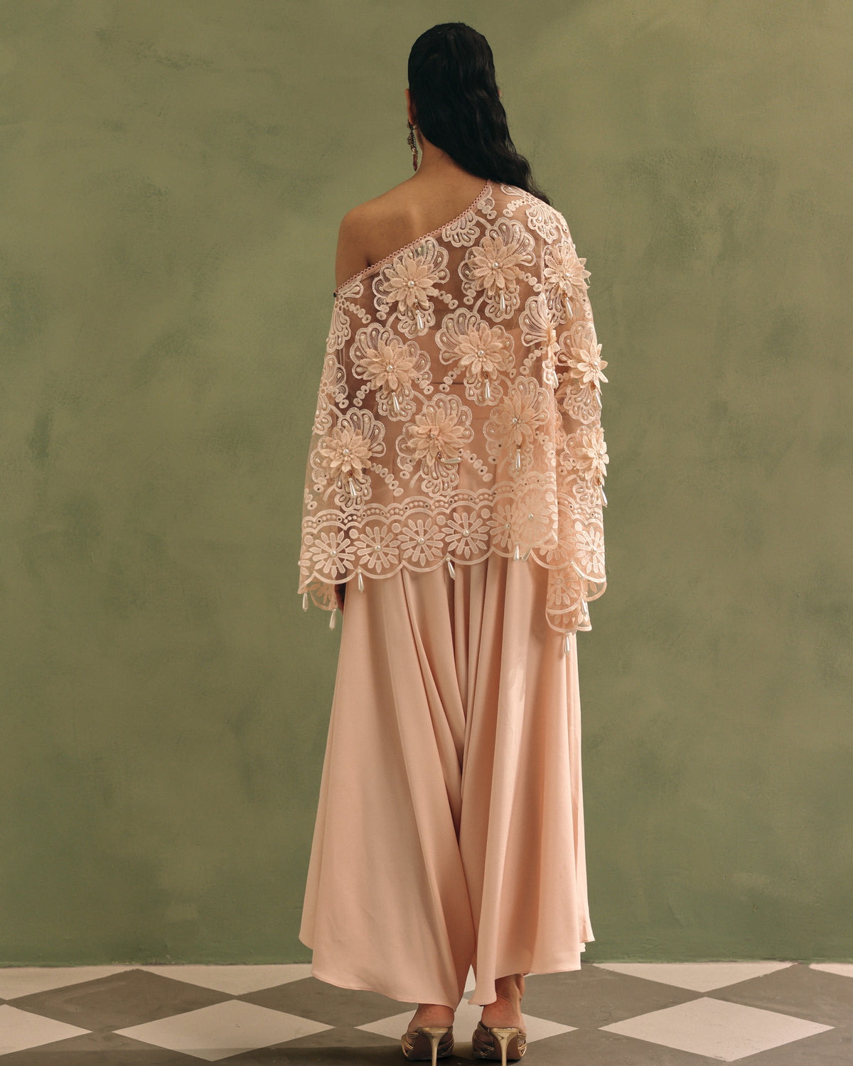 Blush Organza Cape Dhoti Set