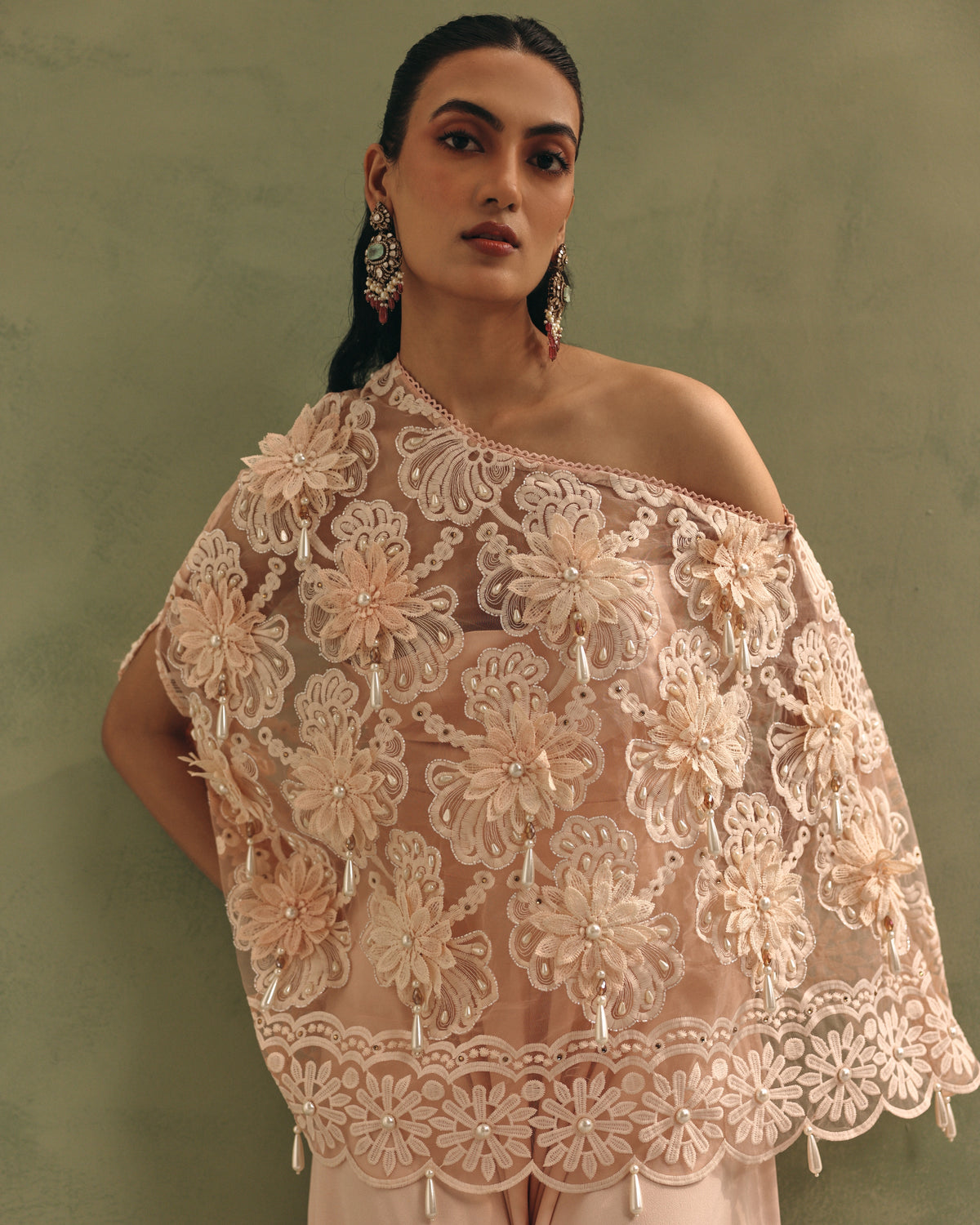 Blush Organza Cape Dhoti Set