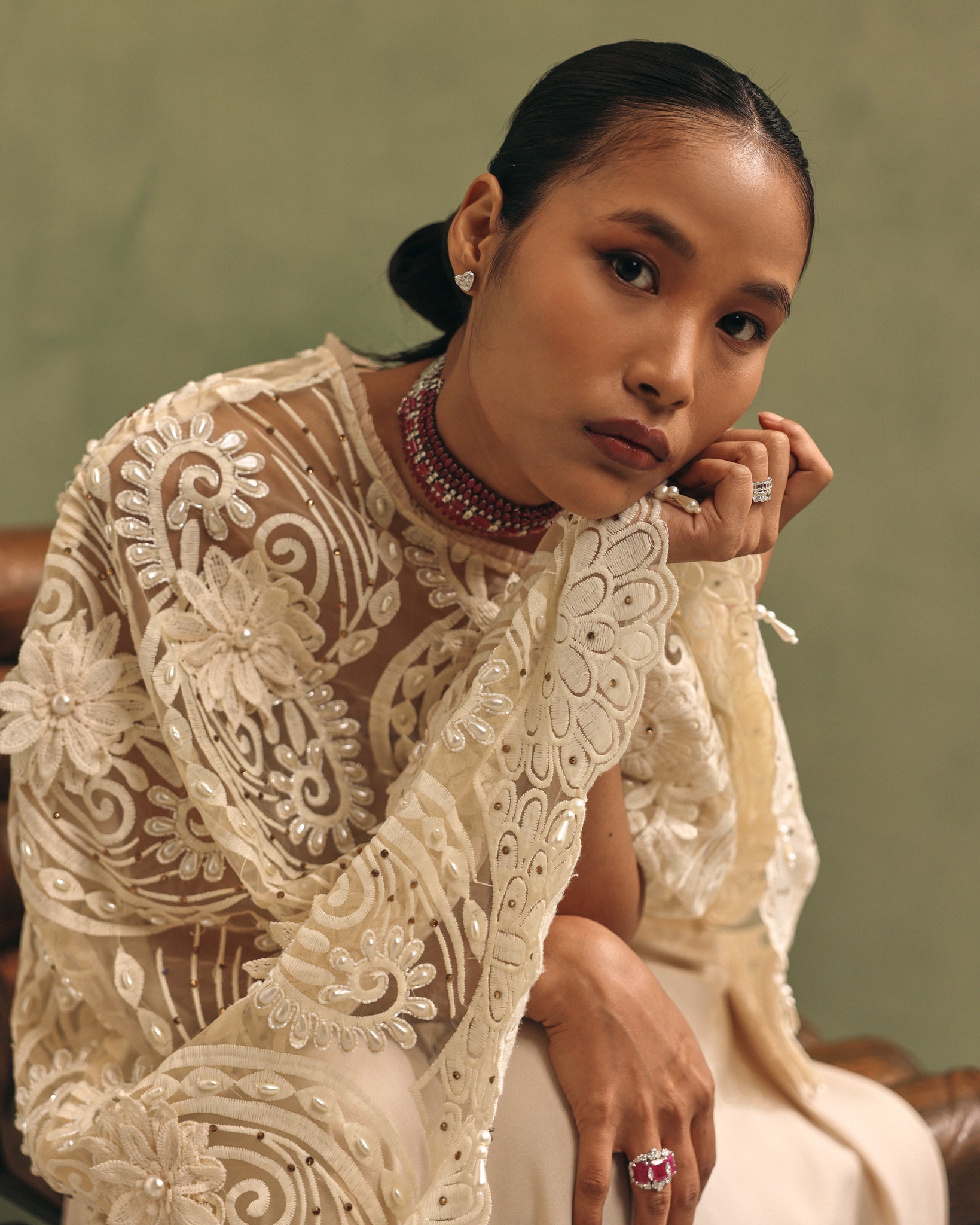 Ivory Organza Cape Dhoti Set