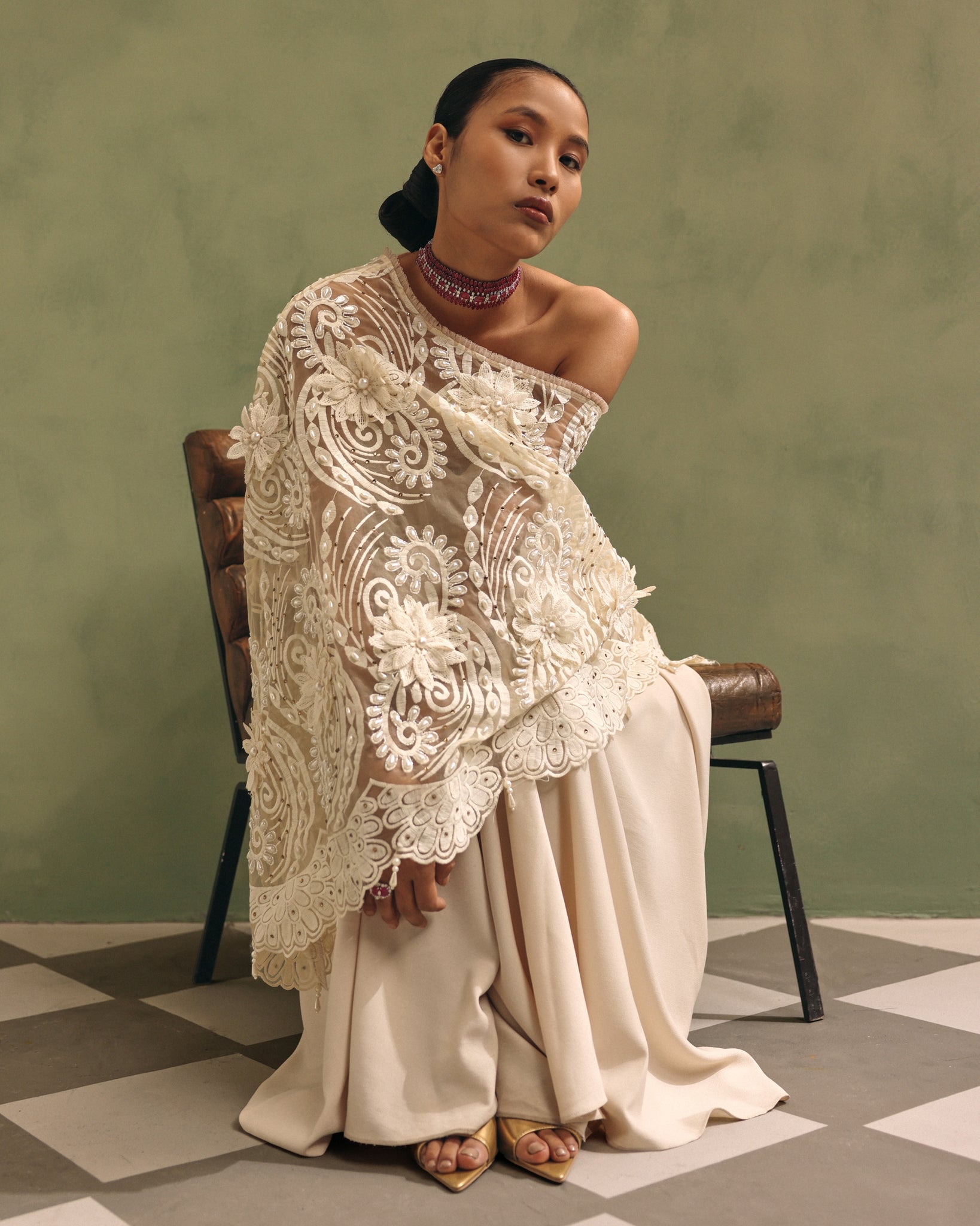 Ivory Organza Cape Dhoti Set