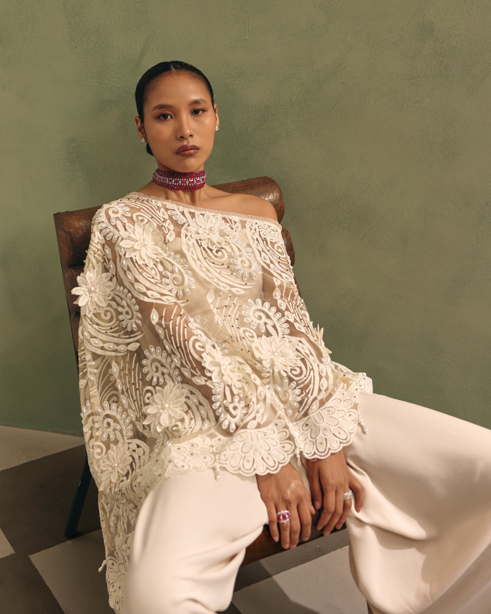 Ivory Organza Cape Dhoti Set