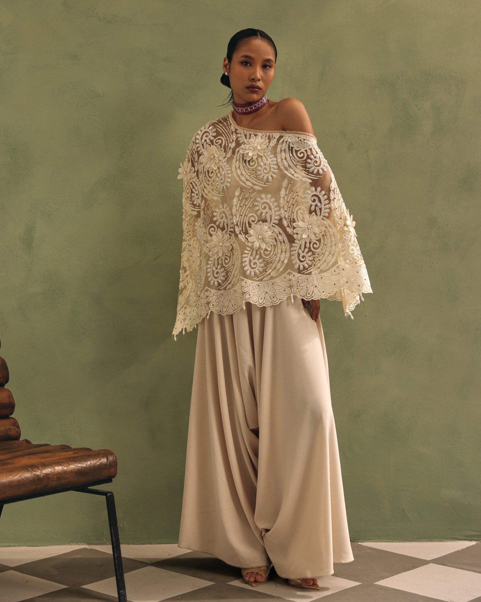 Ivory Organza Cape Dhoti Set