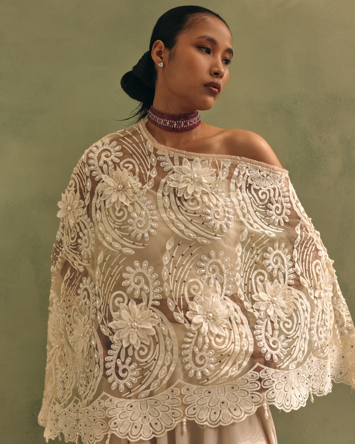 Ivory Organza Cape Dhoti Set