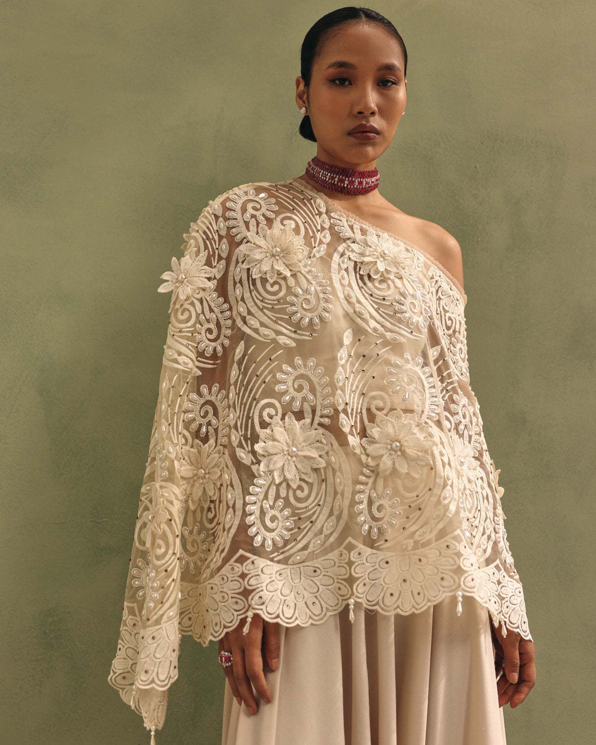Ivory Organza Cape Dhoti Set