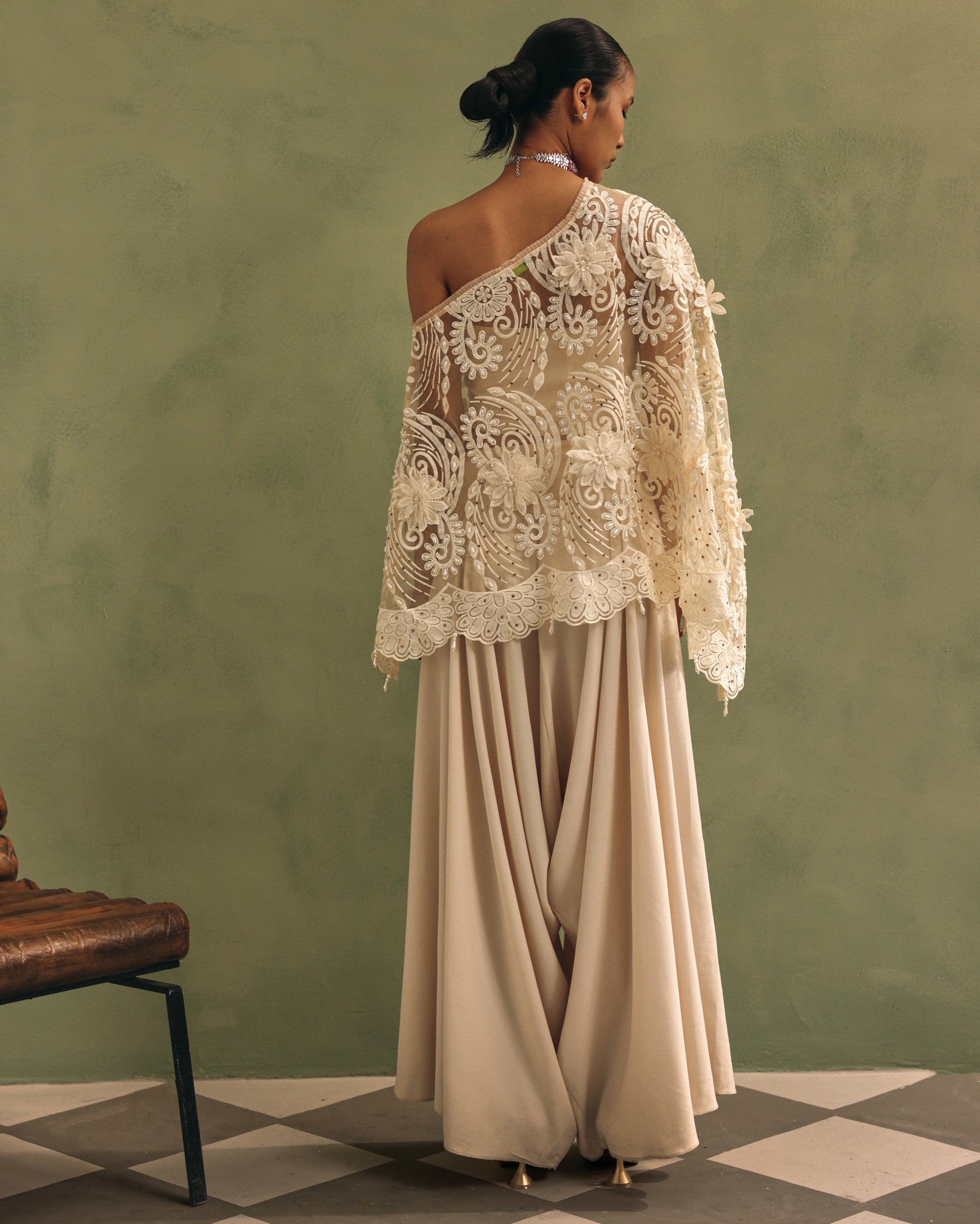 Ivory Organza Cape Dhoti Set