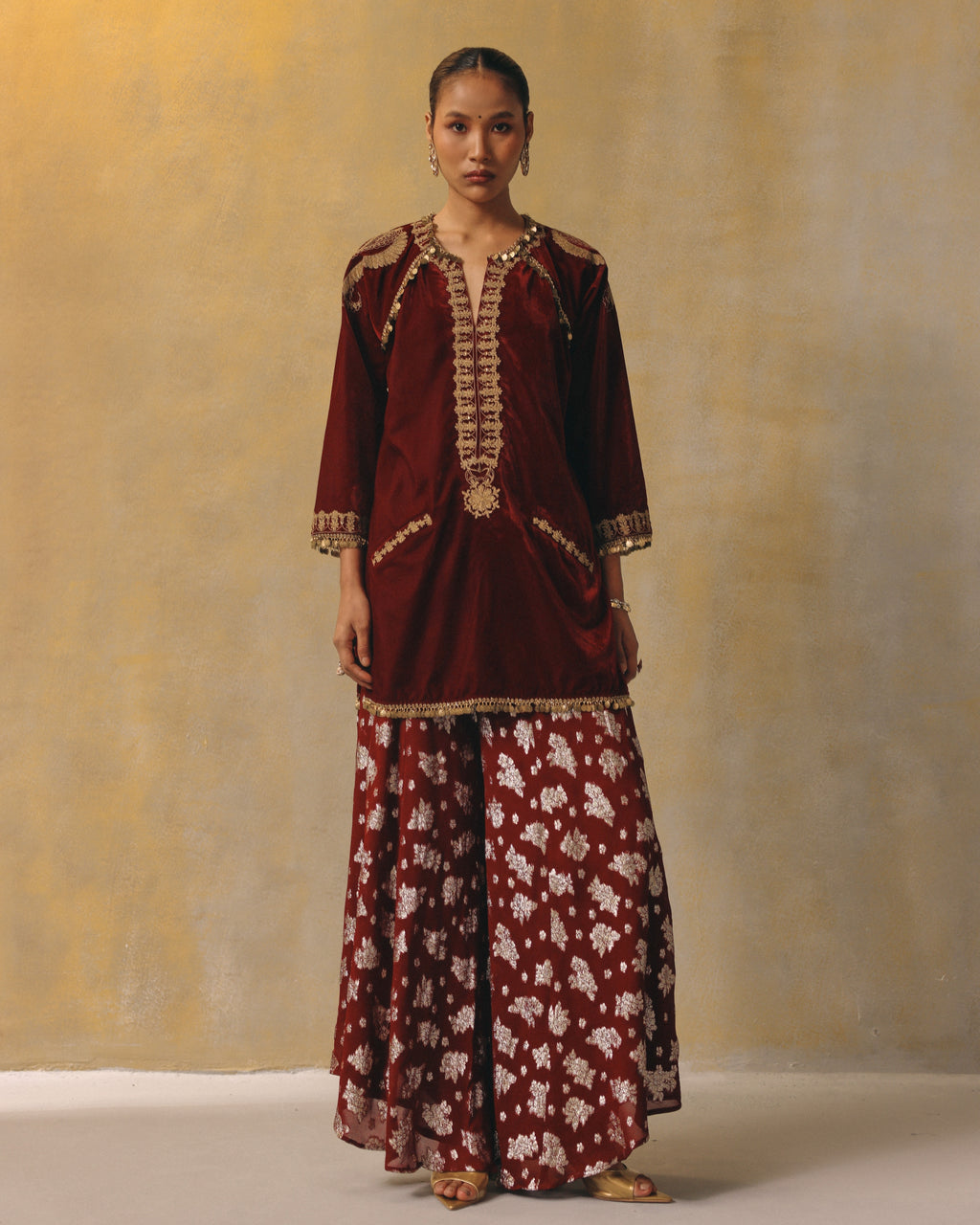 Megha Chopra in Ruby Velvet Firan Set
