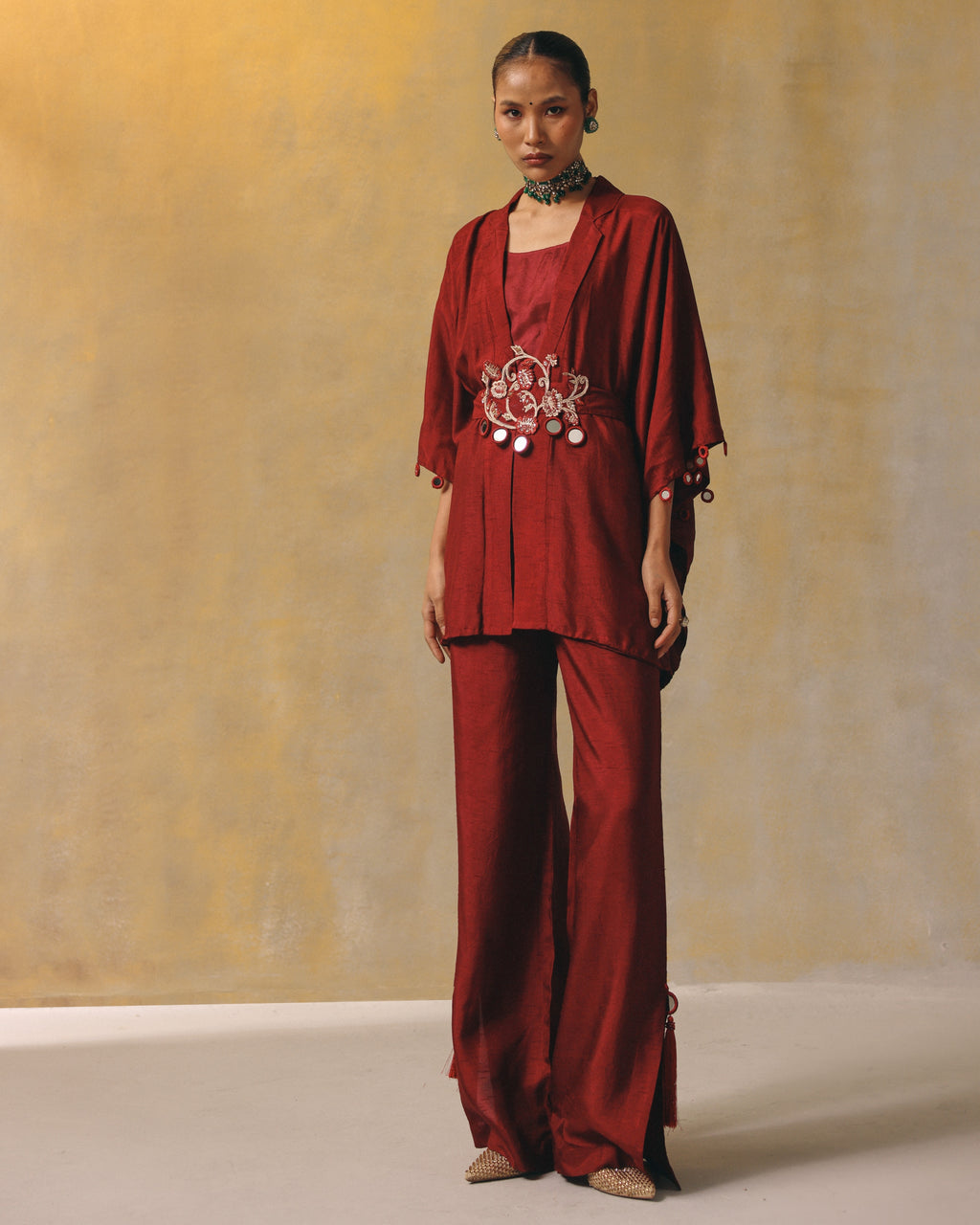 Terracotta Embroidered Kimono Set