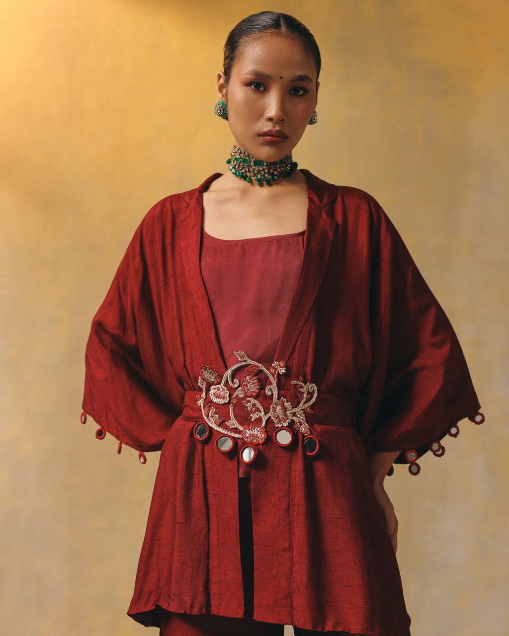 Terracotta Embroidered Kimono Set