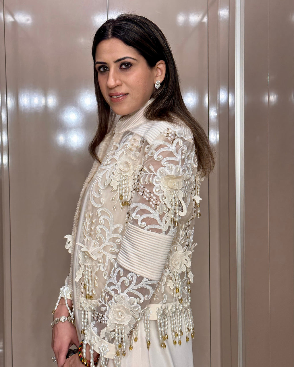 Enna Singh in Ivory Pearl Organza Jacket Set