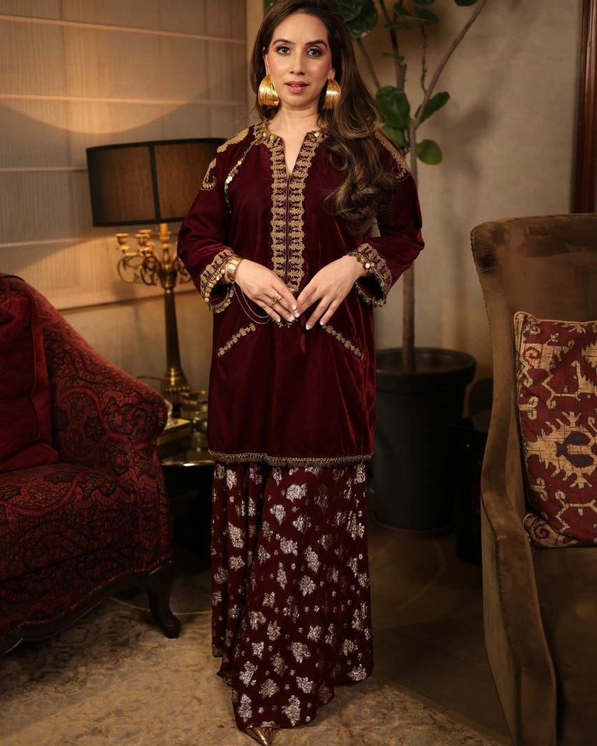Megha Chopra in Ruby Velvet Firan Set