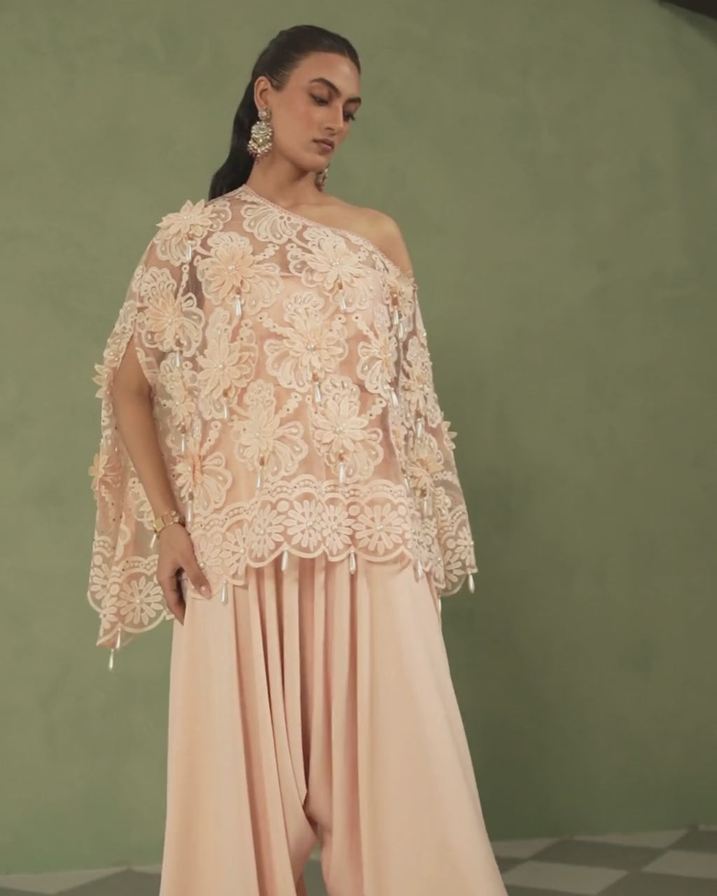 Blush Organza Cape Dhoti Set